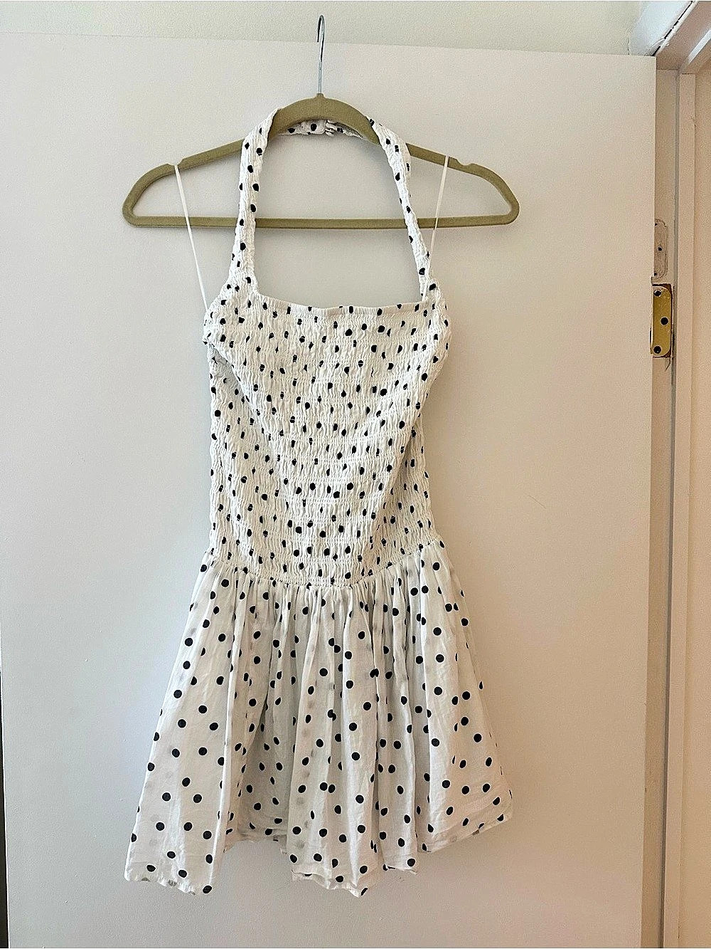 Abercrombie & Fitch Polka Dot Smocked Halter Mini Dress White & Black Small